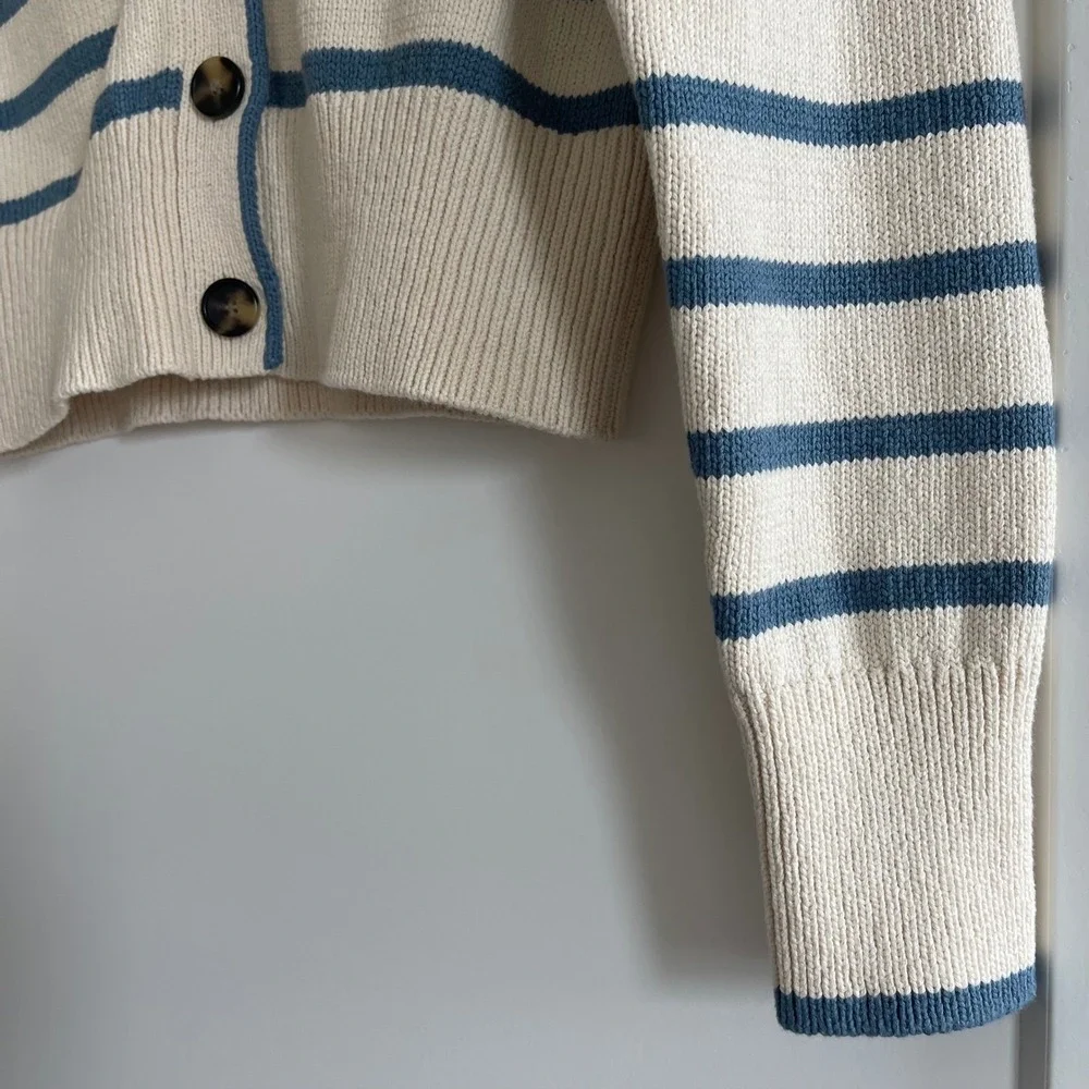Veronica Beard Noorie Cardigan Sz Medium Ivory Blue Striped Cotton Chic Classic - Picture 10 of 16